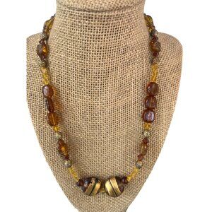 Vintage Amber Gold Color Glass Bead Necklace Gold Tone Estate Toggle Clasp 18"